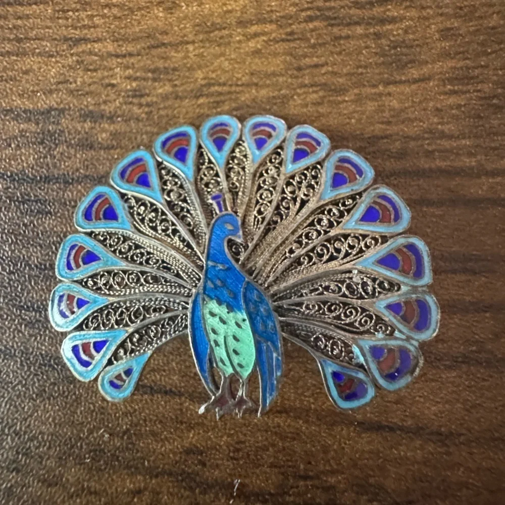 Antique Enamel Peacock Brooch Pin Blue Green